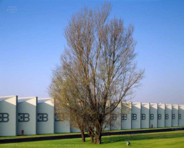 Bugatti Automobili factory. The iconic modular structure with Ettore Bugatti’s EB logo and the large windows