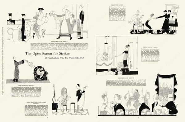 The Open Season for Strikes . Art Anne Fish 1920, Text by Dorothy Parker - High Society, pages 42-43. If You Don’t See What You Want, Strike for It.