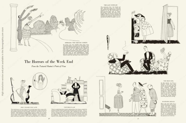 The Horrors of the Week End. Art Anne Fish 1920, Text by Dorothy Parker - High Society, pages 50-51. From the Tortured Hostess's Point of View .