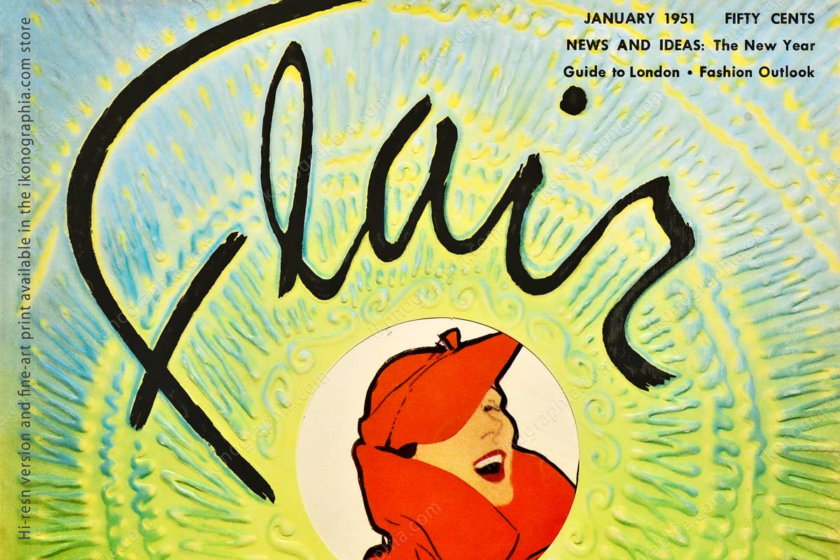The Cover of the last number of Flair Magazine, January 1951. Painting of sun by Victor Vasarely. A cut-out door partially reveals the Undercover’ image: “Bear and Warmer”, by Rene Gruau.