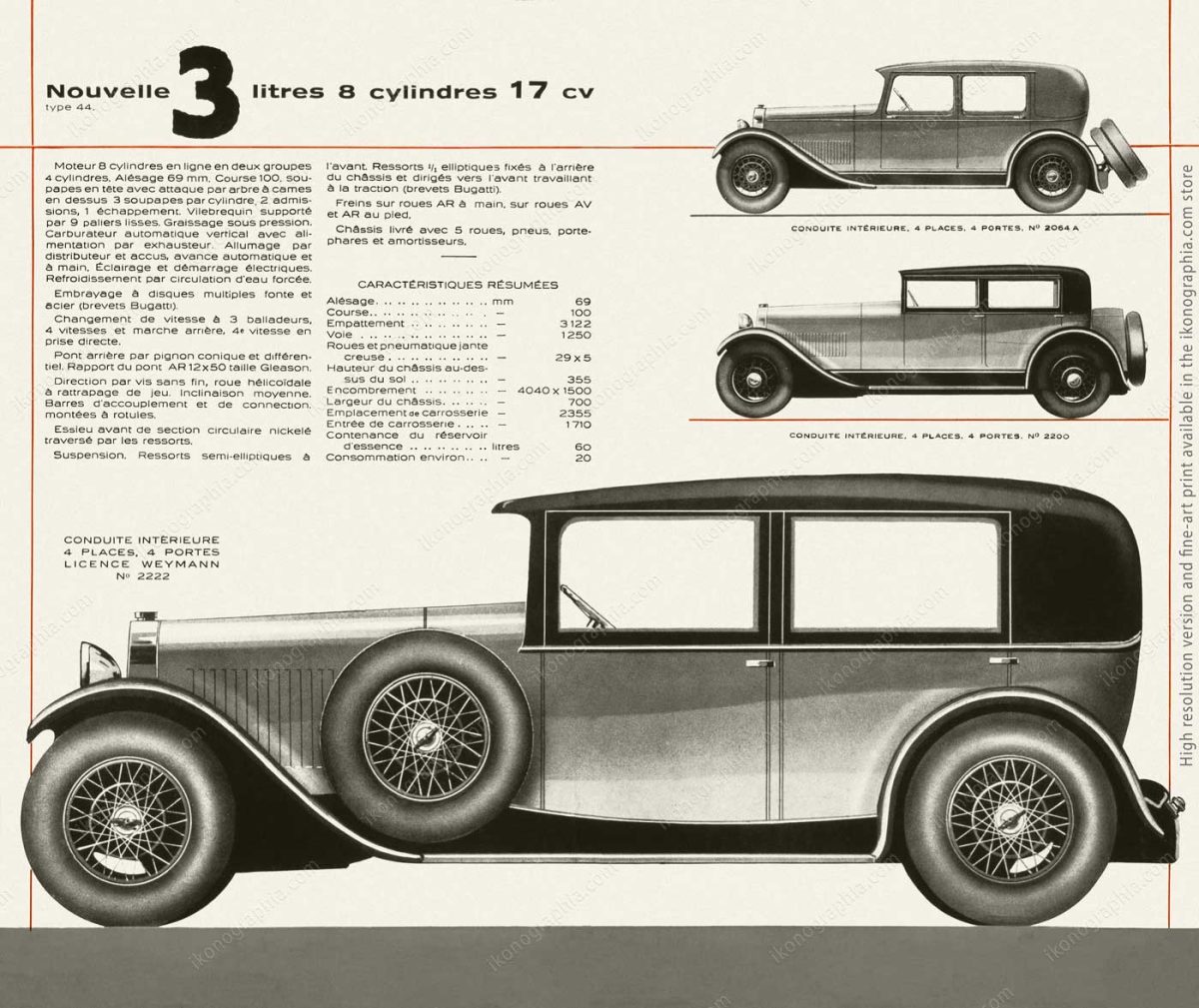Bugatti Type 44 catalog double spread. Nouvelle 3 litres 8 cylindres 17 cv, Weissman Bodywork, circa 1925