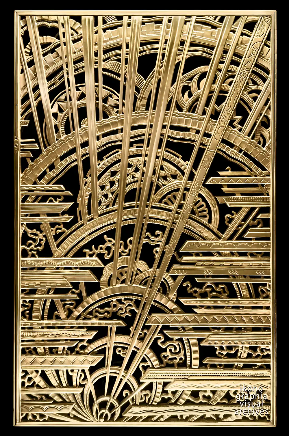 Art Deco Allegory of Vision — gilded bronze grille by René Paul Chambellan, Chanin Building vestibule, New York, 1929.