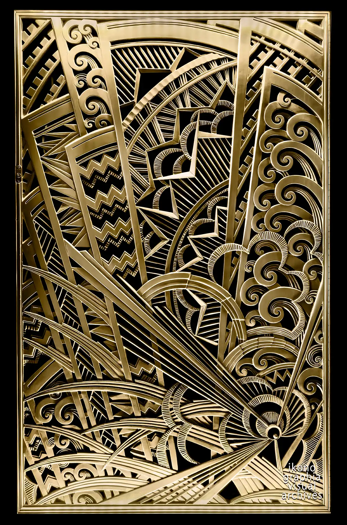 Art Deco Allegory of Activity — gilded bronze grille by René Paul Chambellan, Chanin Building vestibule, New York, 1929.