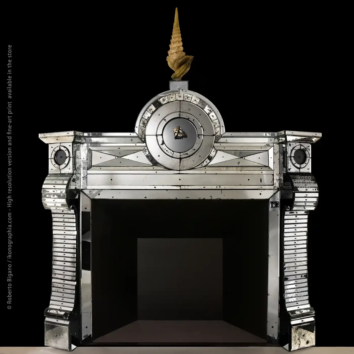 A highly intricate eglomisé mirror fireplace with a shell on top, crafted in 1933 by Serge Roche as a unique piece for Mr. C. Suydam's Cutting in New York City. Paris, collection Laurent Marechal.