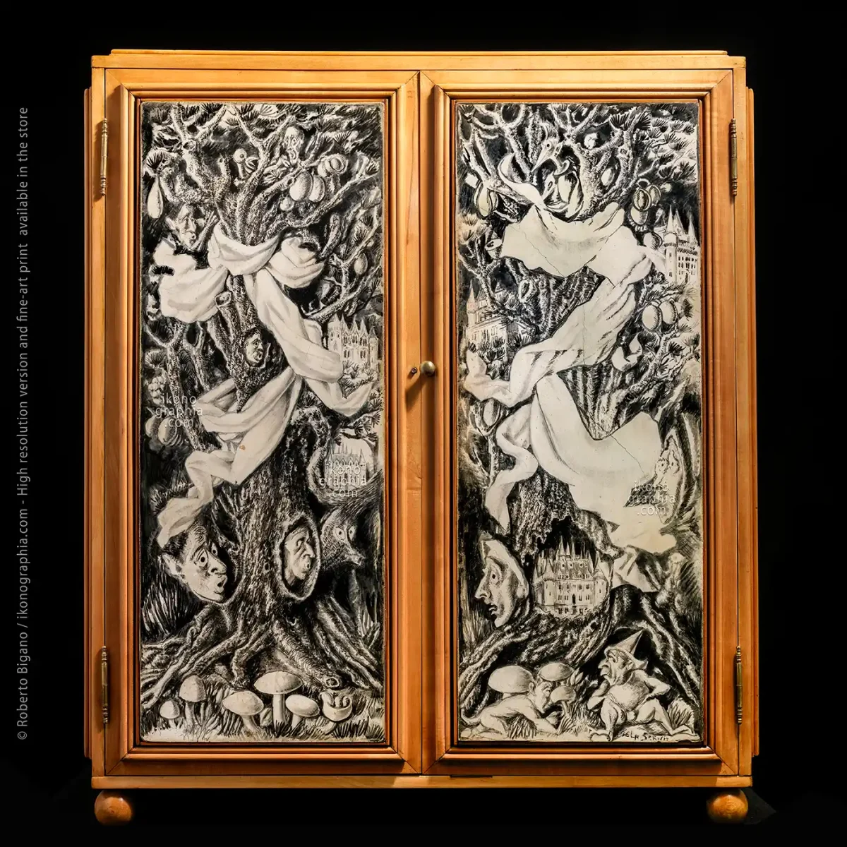 Serge Roche wooden cabinet with drawings by Ismaël de la Serna, 1936