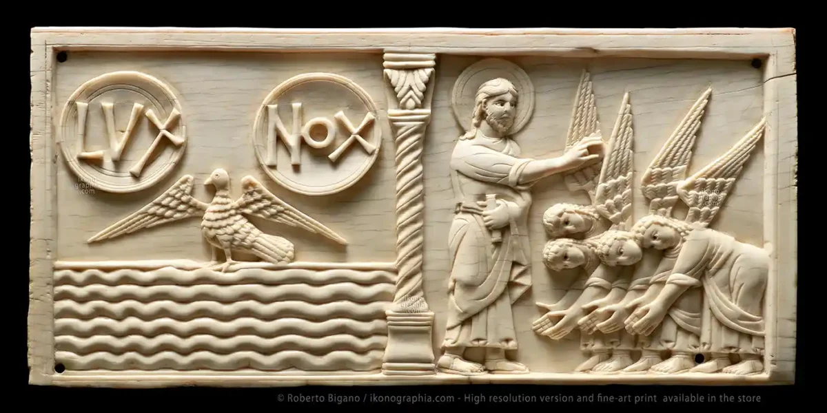 Left: Genesis 1:2 - 1:5 the Spirit of God is hovering over the waters, with the separation of light and darkness. Right: Genesis 1:1 Creation of Angels. Old Testament Ivory Carving. Amalfi School, late 11th - early 12th century. Cm 10,2x 22. Housed at Museo Diocesano San Matteo, in Salerno, Italy.
