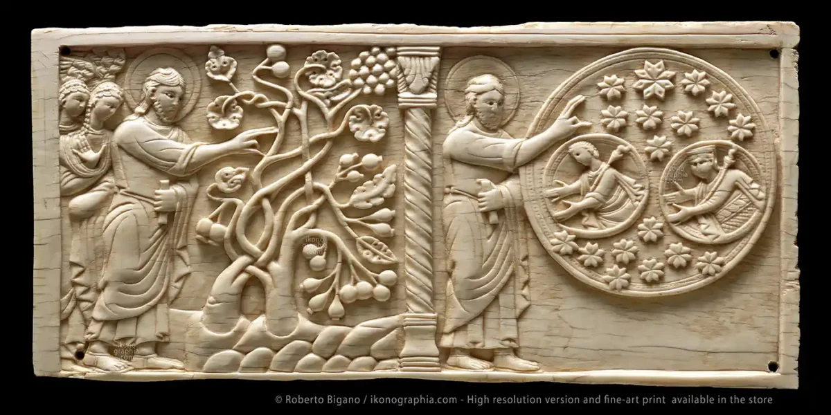 Old Testament Ivory Carving. Creation of vegetation and fruit trees - Creation of the sun, the moon and the stars. Left, Genesis 1:11, 1:12: God said: let the land produce fruit trees and vegetation. Right. Genesis 1:14 / 1:19: God created the sun, the moon and the stars. Old Testament Ivory Carving. Amalfi School, late 11th - early 12th century. Cm 10,4x 21.9. Housed at Museo Diocesano San Matteo, in Salerno, Italy.