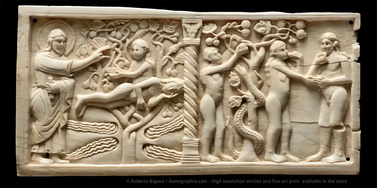 Left: Creation of Eve. Genesis 2:21/2:23 Right. Temptation and Original Sin. Genesis 1:14 / 1:19 Cm 10,4x 21.9. Old Testament Ivory Carving. Amalfi School, late 11th - early 12th century. Housed at Museo Diocesano San Matteo, in Salerno, Italy.
