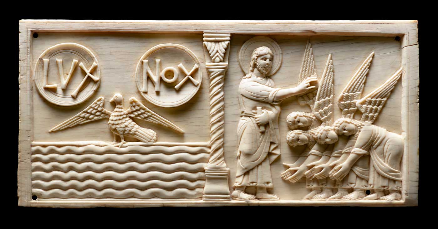 Old-Testament-Ivory-Carvings-3803_08 Left: Genesis 1:2 - 1:5 the Spirit of God is hovering over the waters, with the separation of light and darkness. Right: Genesis 1:1 Creation of Angels. Old Testament Ivory Carving. Amalfi School, late 11th - early 12th century. Cm 10,2x 22. Housed at Museo Diocesano San Matteo, in Salerno, Italy.