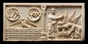 Old Testament Ivory Carving. God over the waters with night and day - Creation of Angels