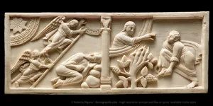 Left: Jacob's dream or the Jacob's Ladder. Genesis 28:10 / 28:17 Right. Moses and the burning bush. Exodus 3:1 / 3:5 Cm 9x 24.1. Old Testament Ivory Carving. Amalfi School, late 11th - early 12th century. Housed at Museo Diocesano San Matteo, in Salerno, Italy.