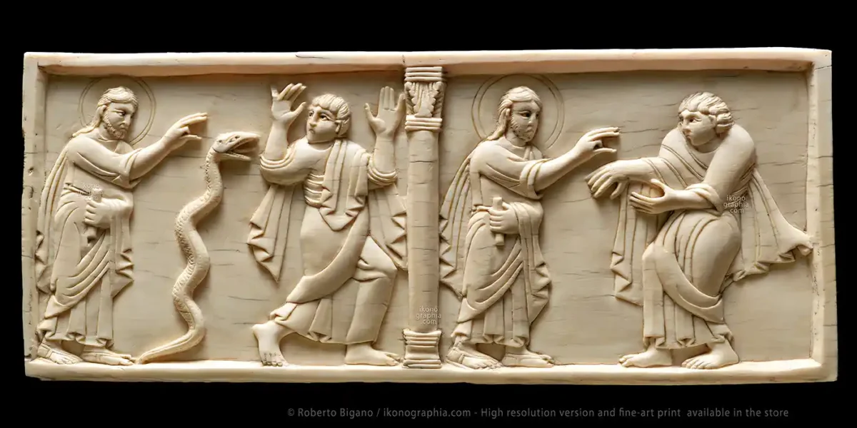 Old Testament Ivory Carving. Miracle of the rod turning into a serpent - Miracle of the leprous hand.