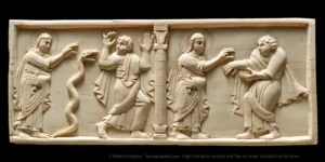 Old Testament Ivory Carving. Miracle of the rod turning into a serpent - Miracle of the leprous hand.
