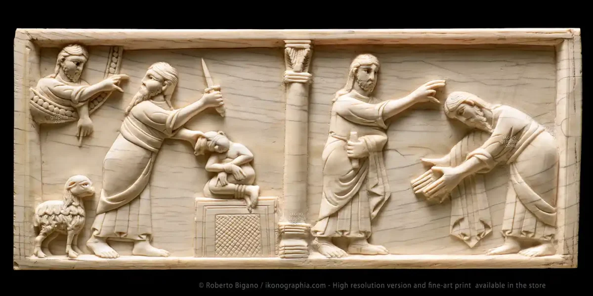 Left: Sacrifice of Isaac. Genesis 22.9 / 22.14 Right: Blessing of Abraham. Genesis 22.15 / 22.18 Cm 10,2 x 24.2. Old Testament Ivory Carving. Amalfi School, late 11th - early 12th century. Housed at Museo Diocesano San Matteo, in Salerno, Italy.