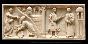 God tells Abraham to leave Harran - Blessing of Abraham. Left: God tells Abraham to leave Harran. Genesis 12:1 / 12:2 Right: Blessing of Abraham. Genesis 12:3 / 12:5 Cm 10,2 x 24.2. Old Testament Ivory Carving. Amalfi School, late 11th - early 12th century. Housed at Museo Diocesano San Matteo, in Salerno, Italy.