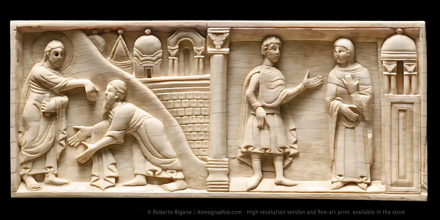 Old Testament Ivory Carving. God tells Abraham to leave Harran - Blessing of Abraham. God tells Abraham to leave Harran - Blessing of Abraham.</p>
<p>Left: God tells Abraham to leave Harran. Genesis 12:1 / 12:2<br />
Right: Blessing of Abraham. Genesis 12:3 / 12:5<br />
Cm 10,2 x 24.2.<br />
Old Testament Ivory Carving. Amalfi School, late 11th - early 12th century.<br />
Housed at Museo Diocesano San Matteo, in Salerno, Italy.<br />