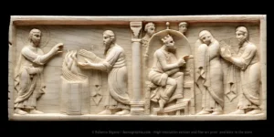 Old Testament Ivory Carving. God speaks to Abraham - Pharaoh returns Sarah to Abraham Left: God speaks to Abraham. Genesis 12:6 / 12:9 Right: Pharaoh returns Sarah to Abraham. Genesis 12:14 / 12:20 Cm 10,2 x 24.2. Old Testament Ivory Carving. Amalfi School, late 11th - early 12th century. Housed at Museo Diocesano San Matteo, in Salerno, Italy.
