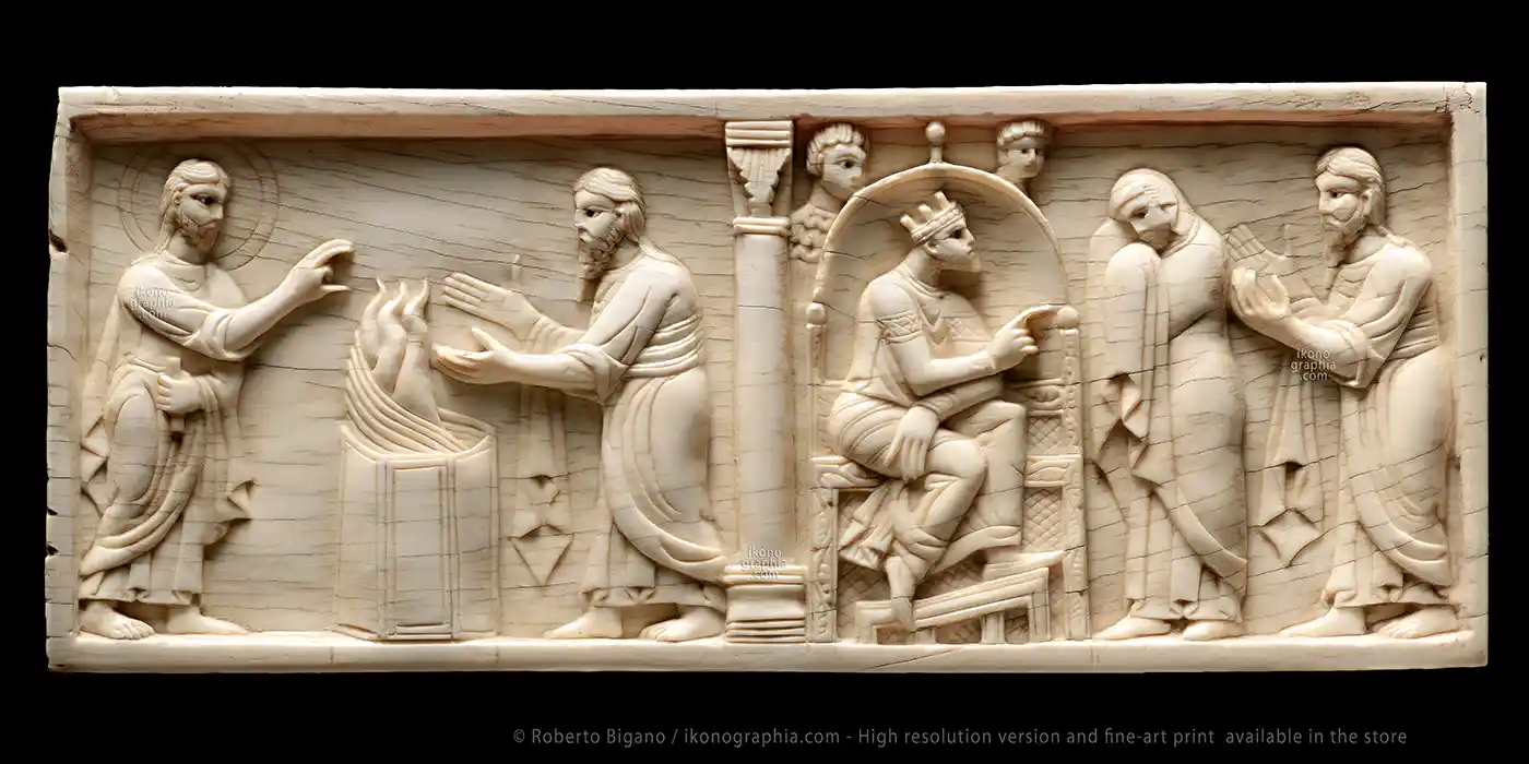 Old Testament Ivory Carving. God speaks to Abraham - Pharaoh returns Sarah to Abraham Old Testament Ivory Carving. God speaks to Abraham - Pharaoh returns Sarah to Abraham</p>
<p>Left: God speaks to Abraham. Genesis 12:6 / 12:9<br />
Right: Pharaoh returns Sarah to Abraham. Genesis 12:14 / 12:20<br />
Cm 10,2 x 24.2.<br />
Old Testament Ivory Carving. Amalfi School, late 11th - early 12th century.<br />
Housed at Museo Diocesano San Matteo, in Salerno, Italy.