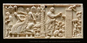 Old Testament Ivory Carving. The Drunkenness of Noah - The Tower of Babel Left: The Drunkenness of Noah. Genesis 9:20 / 9:23 Right: The Tower of Babel. Genesis 11:1 / 11:9 Cm 10,5 x 24. Old Testament Ivory Carving. Amalfi School, late 11th - early 12th century. Housed at Museo Diocesano San Matteo, in Salerno, Italy.