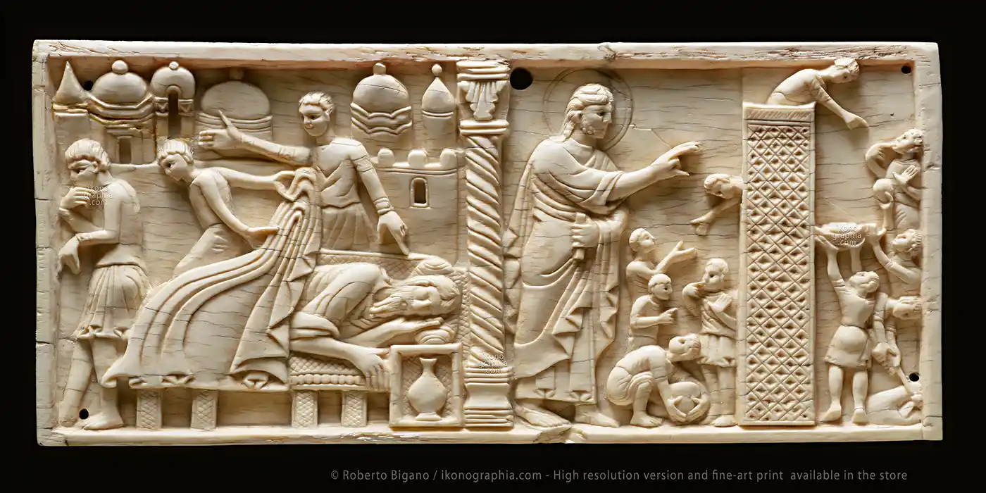 Old Testament Ivory Carving. The Drunkenness of Noah - The Tower of Babel Babel</p>
<p>Left: The Drunkenness of Noah. Genesis 9:20 / 9:23<br />
Right: Pharaoh returns Sarah to Abraham. Genesis 11:1 / 11:9<br />
Cm 10,5 x 24.<br />
Old Testament Ivory Carving. Amalfi School, late 11th - early 12th century.<br />
Housed at Museo Diocesano San Matteo, in Salerno, Italy.