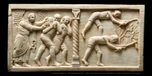 Old Testament Ivory Carving. Expulsion from the Garden of Eden - Men destined to live by cultivating the land
