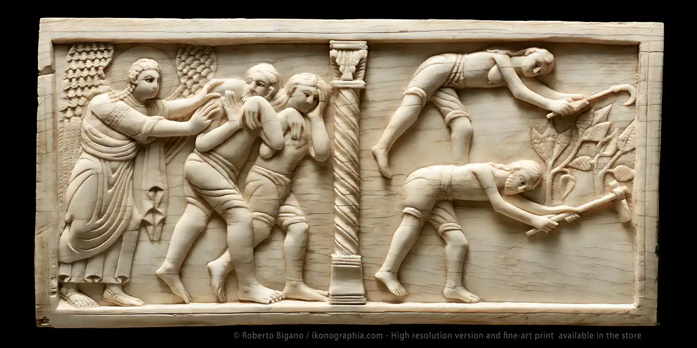 Old Testament Ivory Carving. Expulsion from the Garden of Eden - Men destined to live by cultivating the land Old Testament Ivory Carving. Expulsion from the Garden of Eden - Men destined to live by cultivating the land