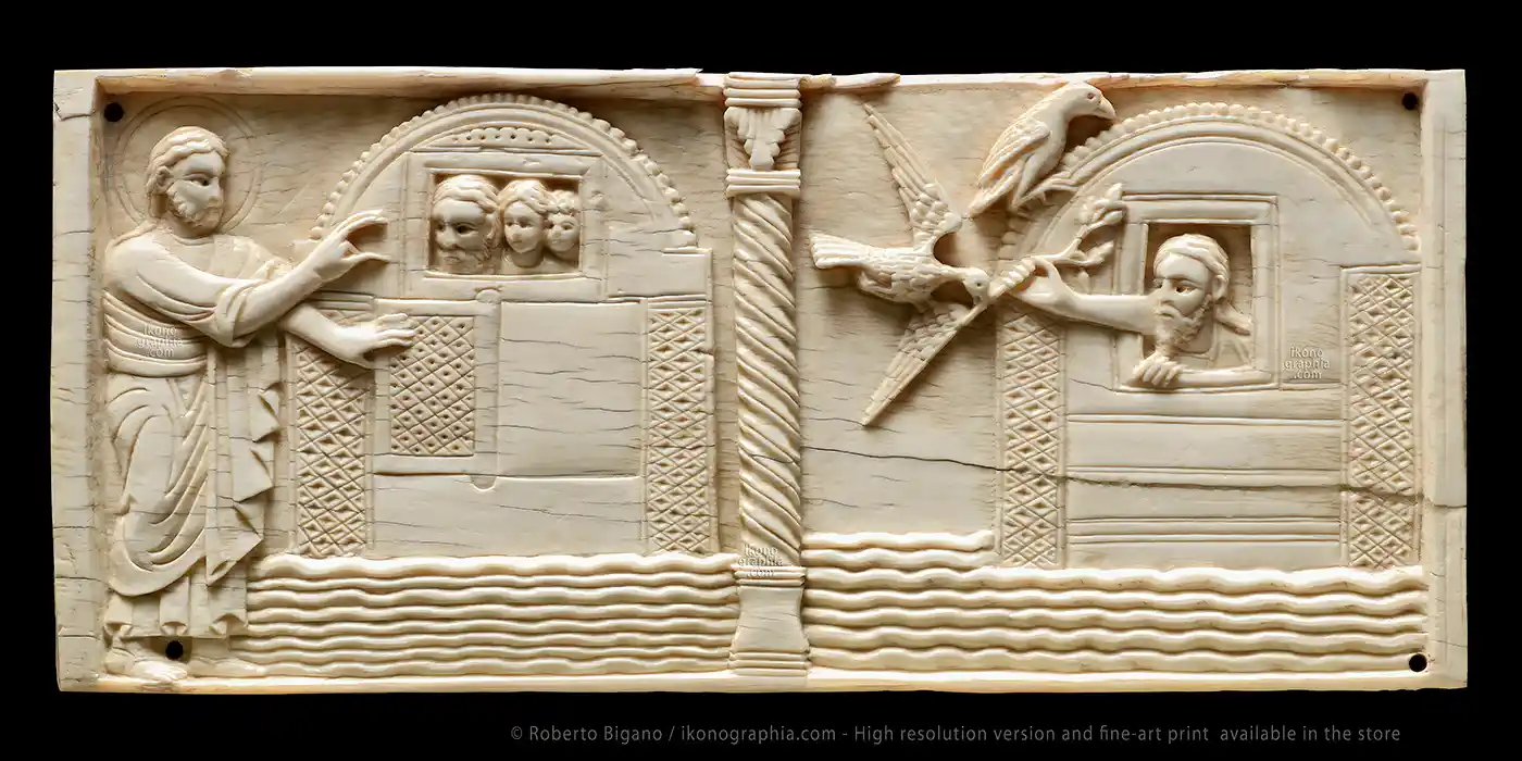 Old Testament Ivory Carving. God closes the door of the Ark - The Raven and the Dove. Old Testament Ivory Carving. God closes the door of the Ark - The Raven and the Dove.