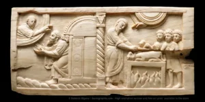 Old Testament Ivory Carving. Noah exits the Ark - Noah's sacrifice Left: Noah exits the Ark. Genesis 8:18 Right; Noah's sacrifice. Genesis 8:19 Cm 10.3x21.8 Old Testament Ivory Carving. Amalfi School, late 11th - early 12th century. Housed at Museo Diocesano San Matteo, in Salerno, Italy.
