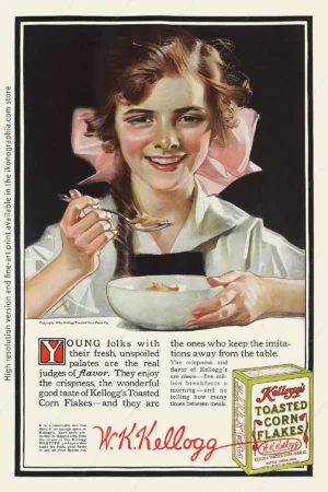 Leyendecker's Young girl judging the flavor and crispness of flakes. Kellogg's ad, 1916
