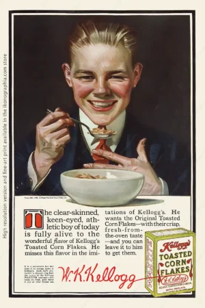 Leyendecker's clear-skinned boy enjoying corn flakes with milk. Kellogg ad, 1916 Advertisement for Kellogg's Corn flakes. Artwork by Joseph Christian Leyendecker. Ladies' Home Journal, March 1916