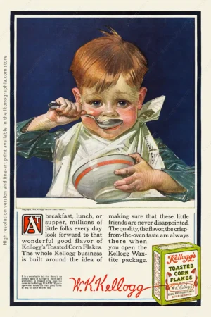Advertisement for Kellogg's Corn flakes. Artwork by Joseph Christian Leyendecker. Ladies' Home Journal, April 1916