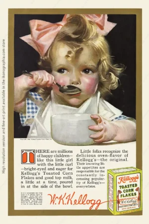Leyendecker's baby girl enjoying cornflakes breakfast. Kellogg's ad, 1916
