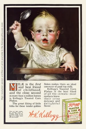 Leyendecker's baby claiming for milk and flakes. Kellogg ad, 1916 Advertisement for Kellogg's Corn flakes. Artwork by Joseph Christian Leyendecker. Ladies' Home Journal, June 1916