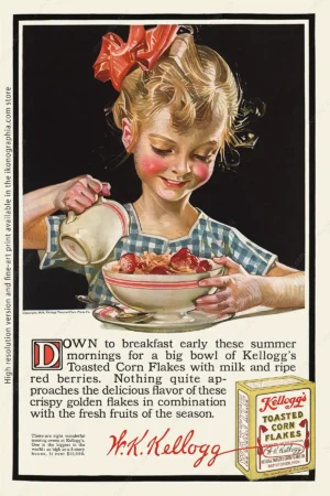 Leyendecker's Young girl enjoying corn flakes with milk and fresh fruits. Kellogg's ad, 1916 Advertisement for Kellogg's Corn flakes. Artwork by Joseph Christian Leyendecker. Ladies' Home Journal, July 1916