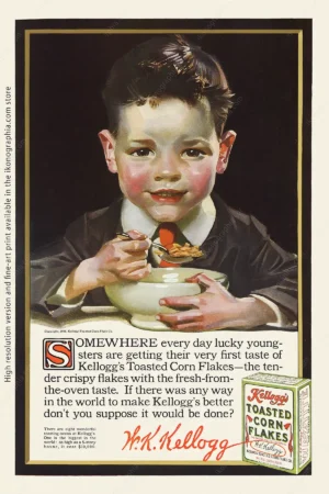 Child enjoying cornflakes breakfast. Leyendecker for Kellogg's ad, 1916 Advertisement for Kellogg's Corn flakes. Artwork by Joseph Christian Leyendecker. Ladies' Home Journal, April 1916