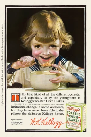 The best liked of all cereals by the youngster. Kellogg's ad by Leyendecker, 1916 Advertisement for Kellogg's Corn flakes. Artwork by Joseph Christian Leyendecker. Ladies' Home Journal, October 1916