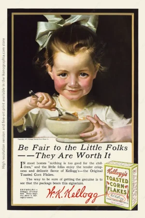 Be Fair to the Little Folks - They Are Worth It. Kellogg's ad by Leyendecker, 1917 Advertisement for Kellogg's Corn Flakes. Artwork by Joseph Christian Leyendecker. Ladies' Home Journal, March 1917