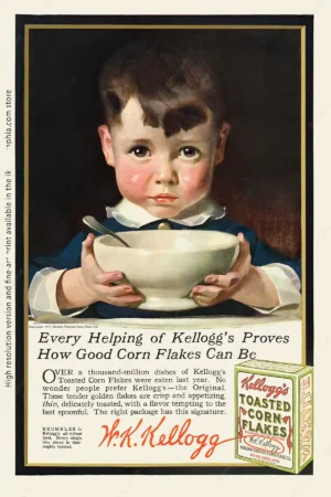 Every Helping of Kellogg's Proves How Good Corn Flakes Can Be, by Leyendecker 1917 Advertisement for Kellogg's Corn Flakes. Artwork by Joseph Christian Leyendecker. Ladies' Home Journal, April 1917