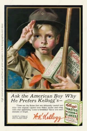 Ask the American Boy Why He Prefers Kellogg. Artwork by Leyendecker, 1917 Advertisement for Kellogg's Corn Flakes. Artwork by Joseph Christian Leyendecker. Ladies' Home Journal, May 1917