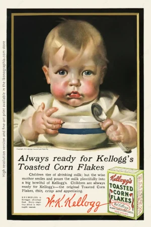 Always ready for Kellogg's Toasted Corn Flakes. Artwork by Leyendecker, 1917 Advertisement for Kellogg's Corn Flakes. Artwork by Joseph Christian Leyendecker. Ladies' Home Journal, June 1917