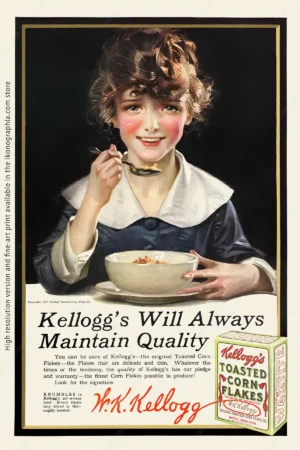 Kellogg's Will Always Maintain Quality. Artwork by Leyendecker, 1917 Advertisement for Kellogg's Corn Flakes. Artwork by Joseph Christian Leyendecker. Ladies' Home Journal, July 1917