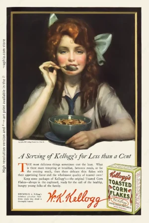 A Serving of Kellogg's for Less than a Cent. Artwork by Leyendecker, 1917 Advertisement for Kellogg's Corn Flakes. Artwork by Joseph Christian Leyendecker. Ladies' Home Journal, October 1917