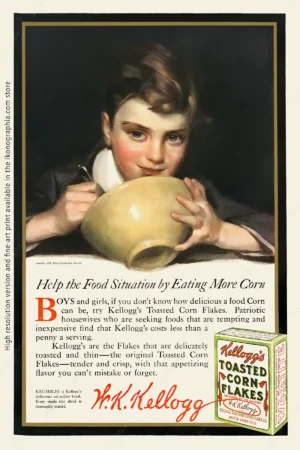 Help the Food Situation by Eating More Corn. Kellog's ad by Leyendecker, 1917 Advertisement for Kellogg's Corn Flakes. Artwork by Joseph Christian Leyendecker. Ladies' Home Journal, November 1917