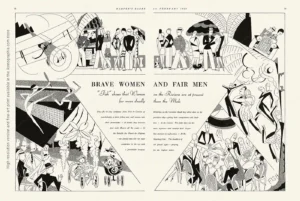 Brave Women and Fair Men. "Fish" shows that Women on the Riviera are at present far more deadly than the Male. Anne Fish for Harper's Bazaar, February 1928, pages 76-77.