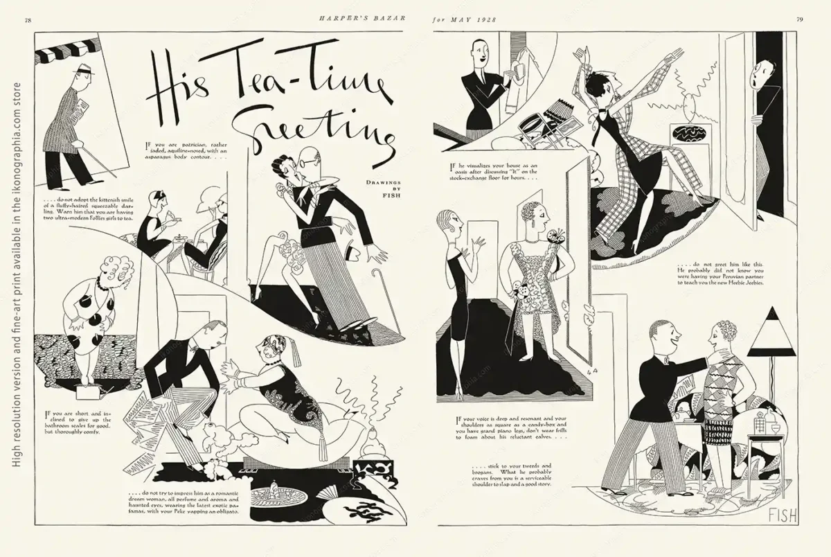 His Tea-Time Greeting. Anne Fish for Harper's Bazaar, May 1928 Anne Fish for Harper's Bazaar, April 1928, pages 78-79