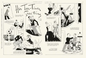 His Tea-Time Greeting. Anne Fish for Harper's Bazaar, May 1928 Anne Fish for Harper's Bazaar, April 1928, pages 78-79