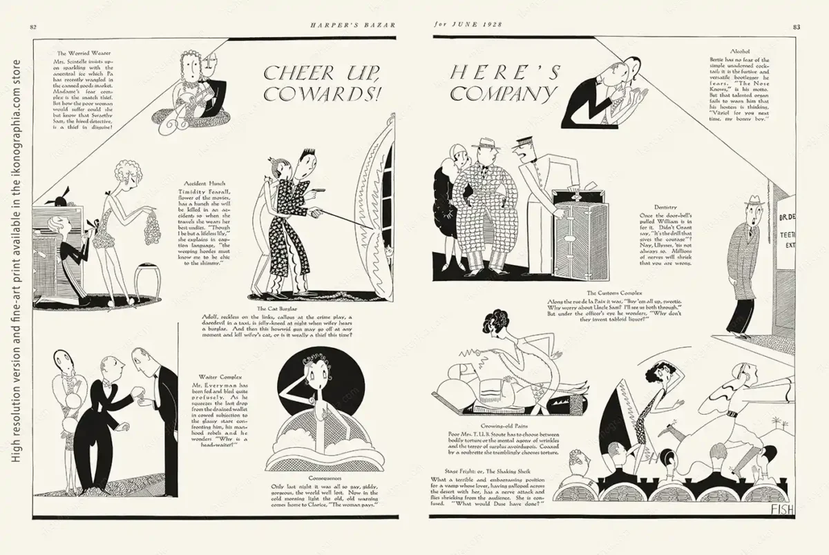 Cheer Up, Cowards! Here's Company Anne Fish for Harper's Bazaar, June 1928, pages 82-83