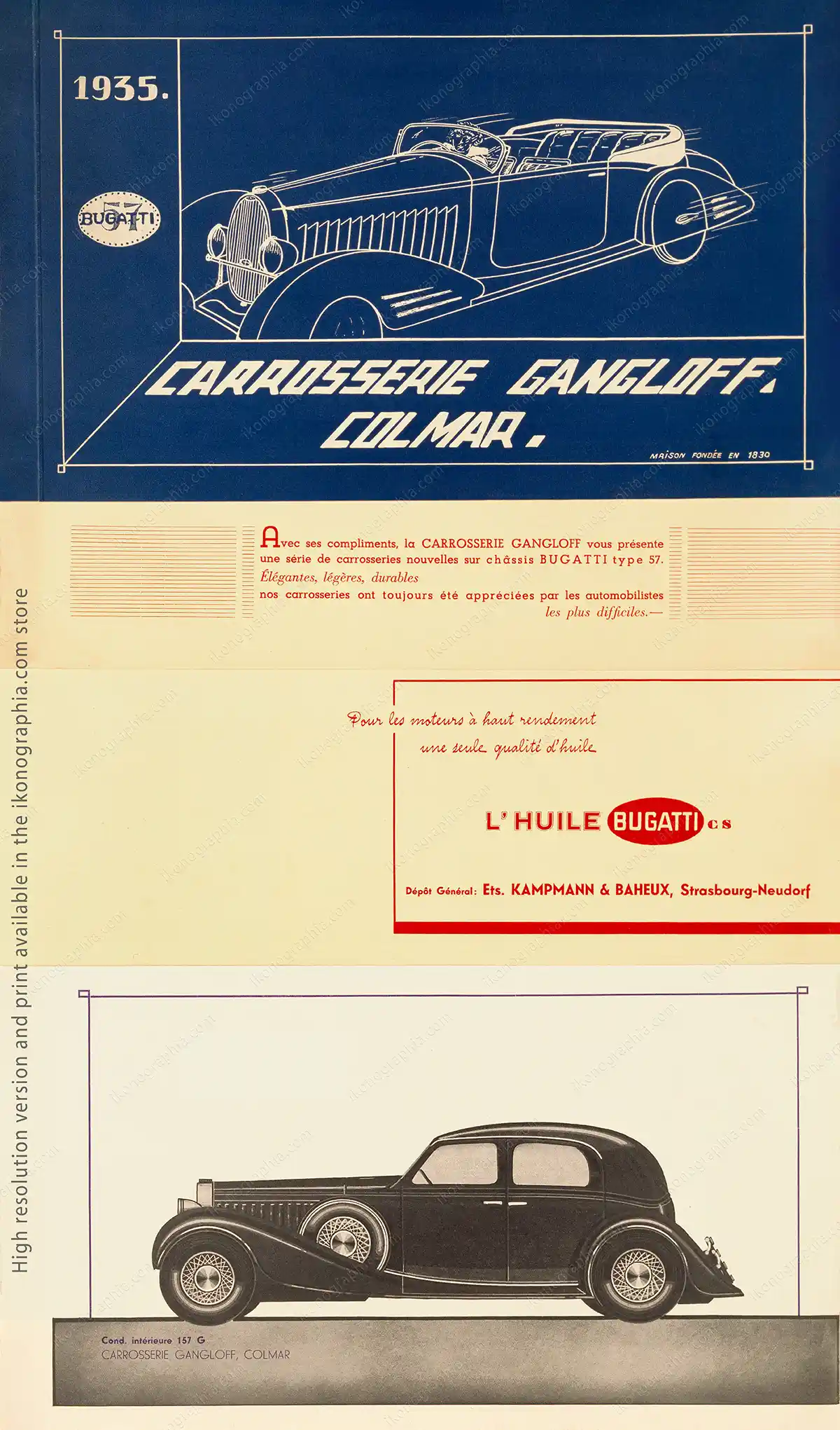 Carrosserie Gangloff, Colmar for Bugatti. The cover of the 1935 catalog and two internal pages.