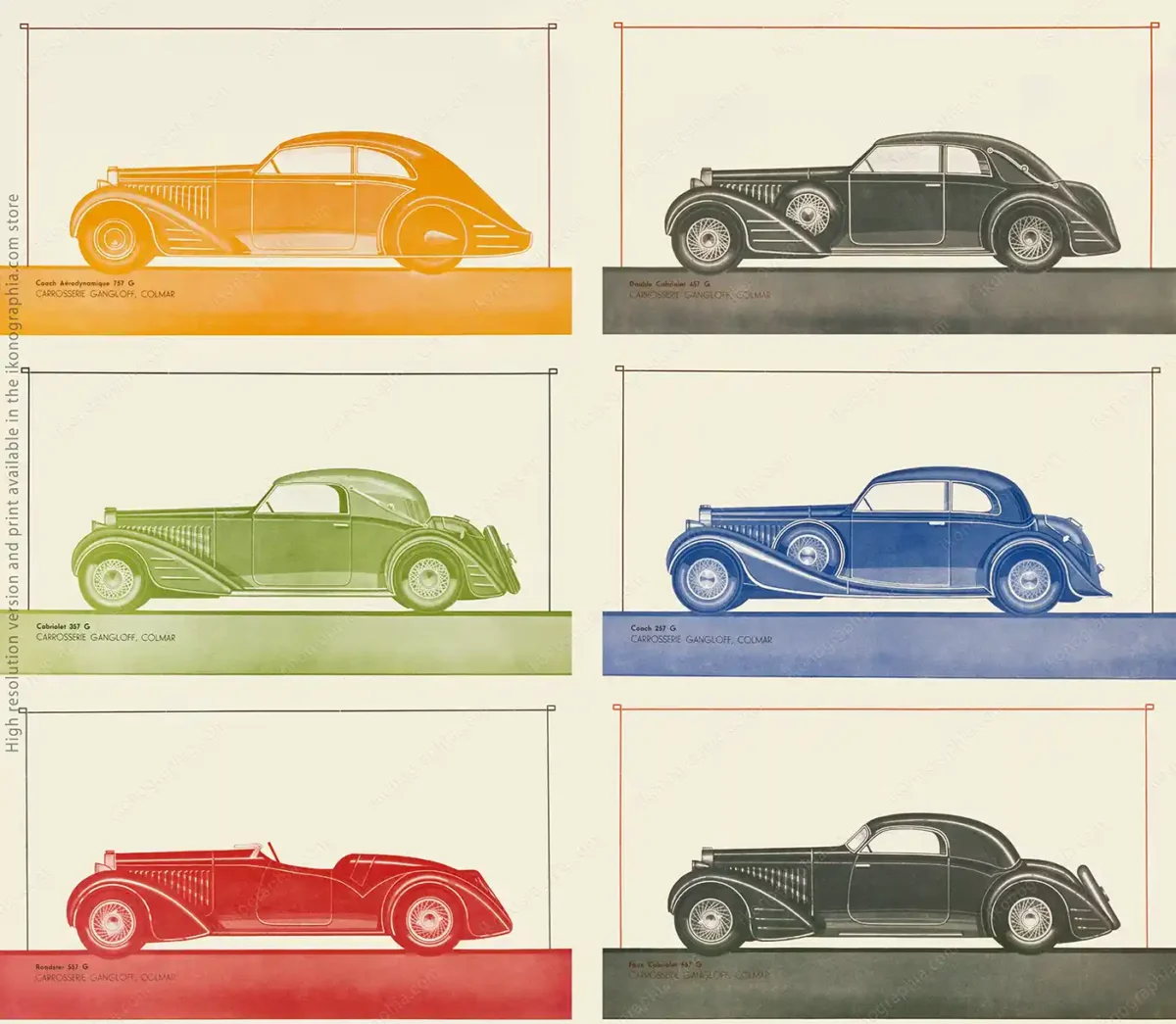 Carrosserie Gangloff, Colmar for Bugatti. Six monochrome pages from the 1935 catalog. Coach Aérodynamique 757 G, Cabriolet 357 G, Roasdster 557 G, Double Cabriolet 147 G, Coach 257G, Faux Cabriolet 657 G.