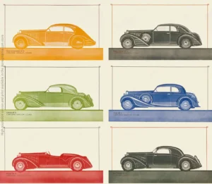 Carrosserie Gangloff, Colmar for Bugatti. Six monochrome pages from the 1935 catalog. Coach Aérodynamique 757 G, Cabriolet 357 G, Roasdster 557 G, Double Cabriolet 147 G, Coach 257G, Faux Cabriolet 657 G.